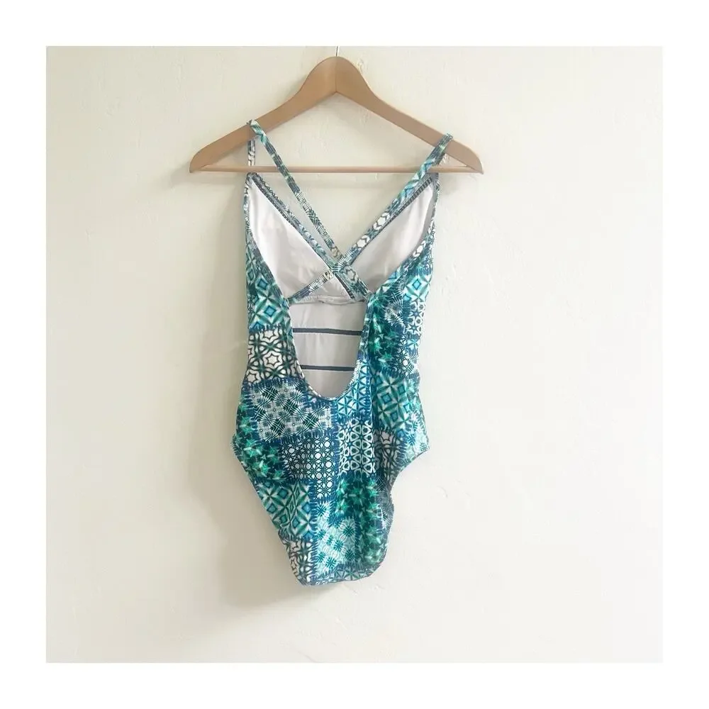 Bleu Rod Beattie One-Piece Swimsuit Size 6 Cross Strap Back Blue Motif Design